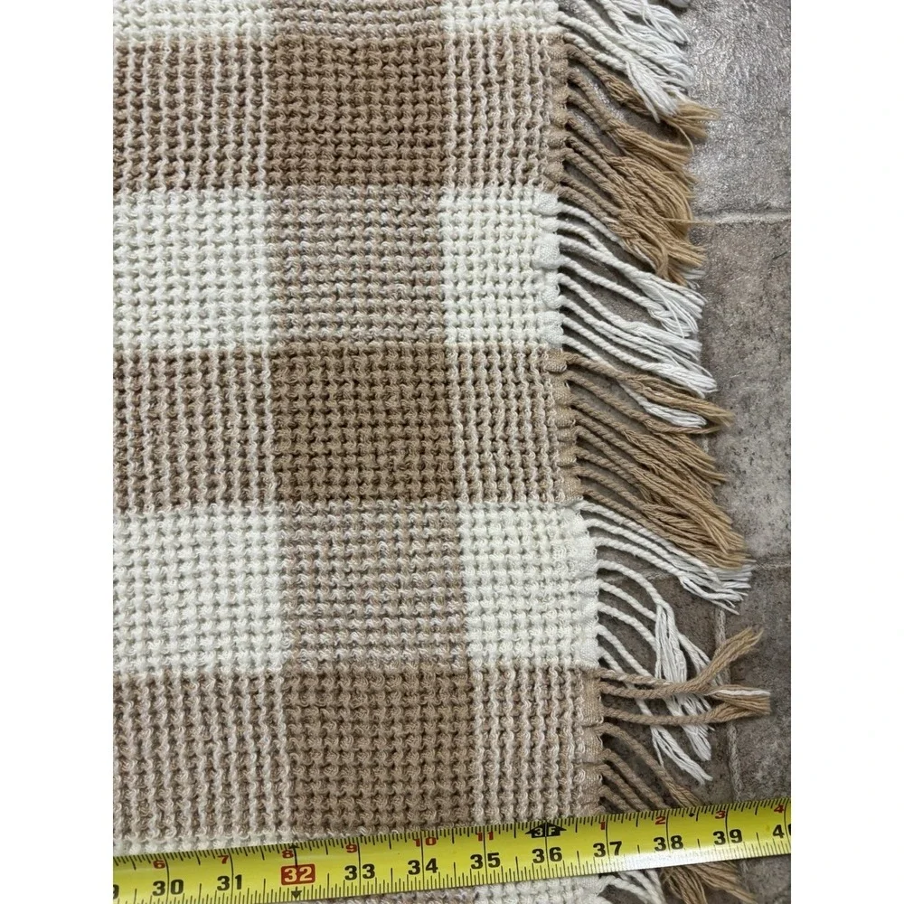 Nido Notte Italia Beige Cream Buffalo Check Waffle Weave Fringe‎ Throw  36x40